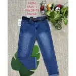 Дамски дънков панталон, 28-33, MOM FIT, син, черен колан, Mimi Dave, едро, 8165-1