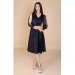 Рокля от тафта ANDA, черна с ръкави от органза, Supreva на едро, 38(M), 40(L), 42(XL), 44(2XL), 46(3XL), 48(4XL), 50(5XL)