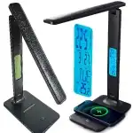 LAMPĂ DE BIROU LED CU AFISAJ LCD REGLABIL PENTRU BIROU ȘCOLAR, ÎNCĂRCARE USB - model din piele neagră E146-2 cu 1 buton