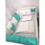 Personalized bed linen 120x60 cm with protectors of 7 fluffy pillows, blanket pillow and sheet with ruffle Mint Green Deseda - White with gray stars