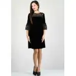 RUMENA ​​Rochie cu mâneci clopot din dantelă, elastică neagră de pluș, cu ajustare largi