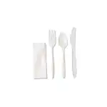 Set de 100 tacamuri de unica folosinta din plastic, furculita, cutit, lingura, servetel alb