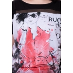 PLUS SIZE, Short-sleeved casual top /black-magenta girly pattern/, wholesale