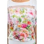 NORMAL, White patterned short sleeve fitted top - 3D flower, wholesale