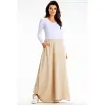 M312, Trapezowa spódnica maxi z bawełnianej dresówki, Beż L/XL