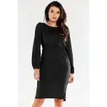 A551, Elegancka, brokatowa sukienka midi z odkrytymi plecami i długimi rękawami, Czarny L