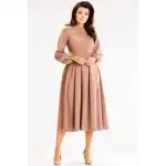 A595, Elegancka sukienka rozkloszowana midi, Cappuccino M