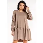 M314, Trapezowa sukienka mini z długimi, marszczonymi rękawami, Latte L