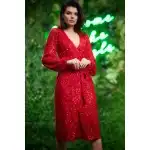 A567, Elegancka, kopertowa sukienka cekinowa midi, Czerwony S