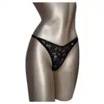 Majtki stringi wykonane z delikatnej i elastycznej czarnej koronki. Model w kwiaty C1998, hurtownia Supreva