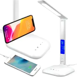 LED DESK LAMP 5 LIGHT MODES CHARGER LCD SCREEN ALARM CLOCK TEMP