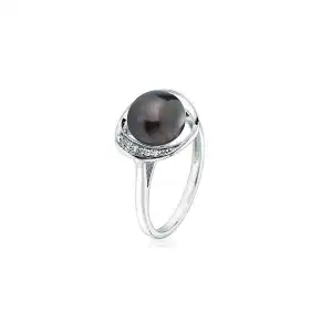 Silver ring with freshwater black pearl and zirconium, b2b platform